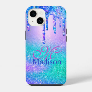 Chic blue purple ombre glitter drips monogram iPhone 14 case