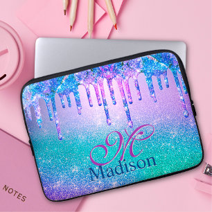 Chic blue purple ombre glitter drips monogram laptop sleeve
