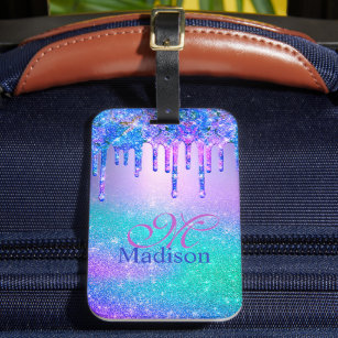 Chic blue purple ombre glitter drips monogram luggage tag