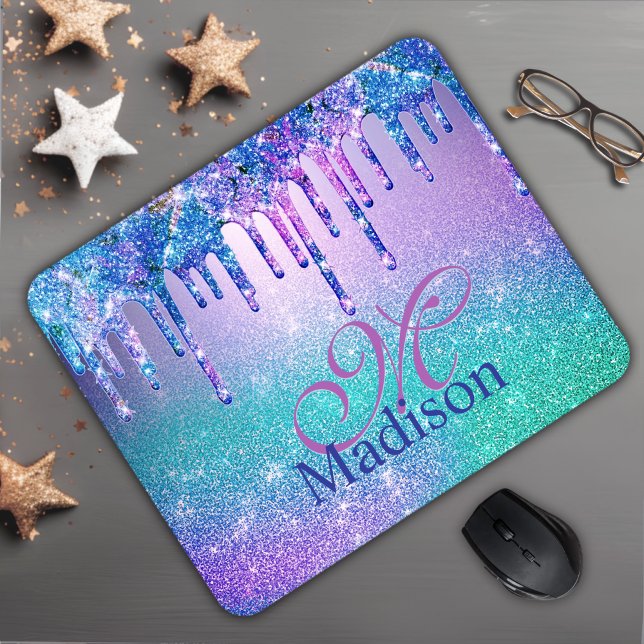 Chic blue purple ombre glitter drips monogram mouse pad (Creator Uploaded)