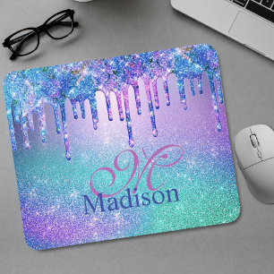 Chic blue purple ombre glitter drips monogram mouse pad