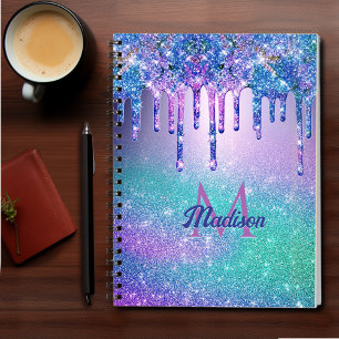 Chic blue purple ombre glitter drips monogram notebook