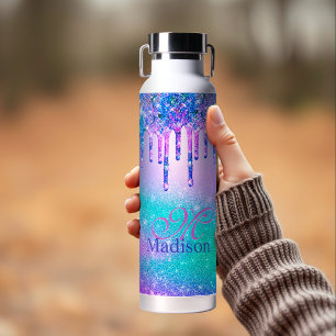 Chic blue purple ombre glitter drips monogram water bottle