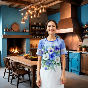Chic Blue & Purple Shades Elegant Pansies Floral Apron