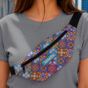 Chic Blue Purple Talavera Tile Monogram Pattern Bum Bags