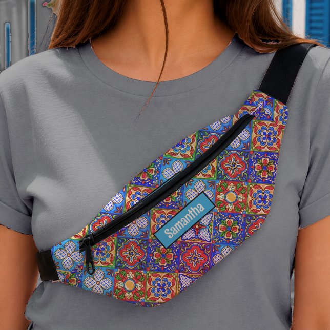 Chic Blue Purple Talavera Tile Monogram Pattern Bum Bags (Creator Uploaded)