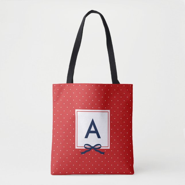 Chic Blue Ribbon Red Polka Dot Pattern Monogram Tote Bag (Front)