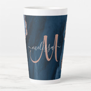 Chic Blue Rose Gold Agate Custom Script Monogram Latte Mug