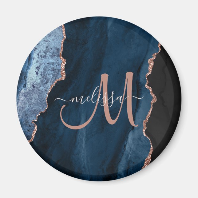 Chic Blue Rose Gold Agate Script Monogram Custom Magnet (Front)