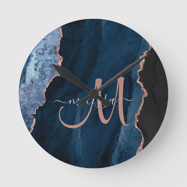 Chic Blue Rose Gold Agate Script Monogram Custom Round Clock (Front)