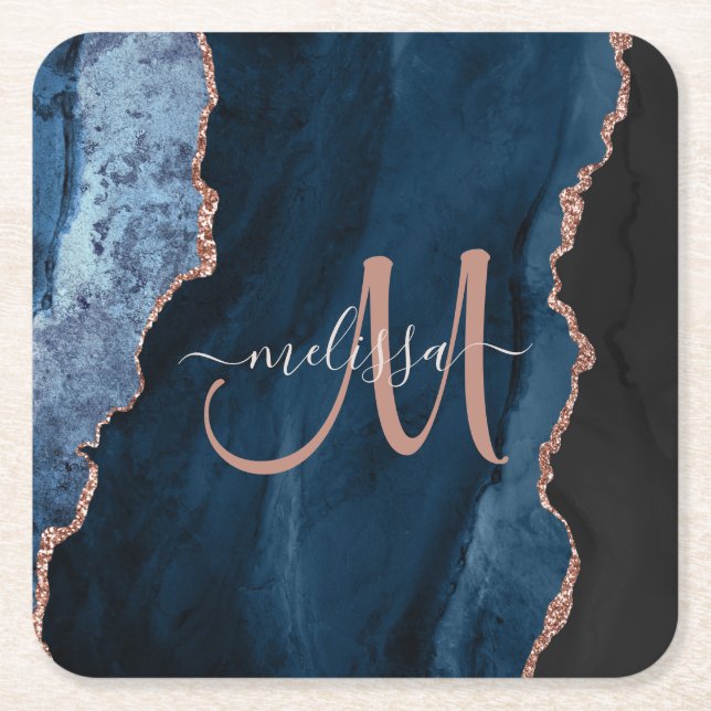 Chic Blue Rose Gold Agate Script Monogram Custom Square Paper Coaster (Front)