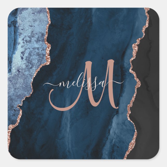 Chic Blue Rose Gold Agate Script Monogram Custom Square Sticker (Front)