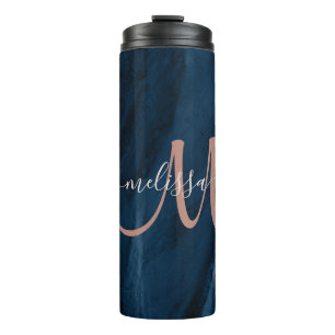 Chic Blue Rose Gold Agate Script Monogram Custom Thermal Tumbler