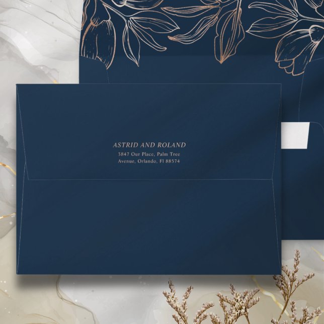 Chic Blue & Rose Gold Foliage Return Address Envelope (Creator Uploaded)