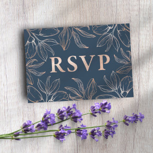 Chic Blue & Rose Gold Foliage RSVP QR code Wedding