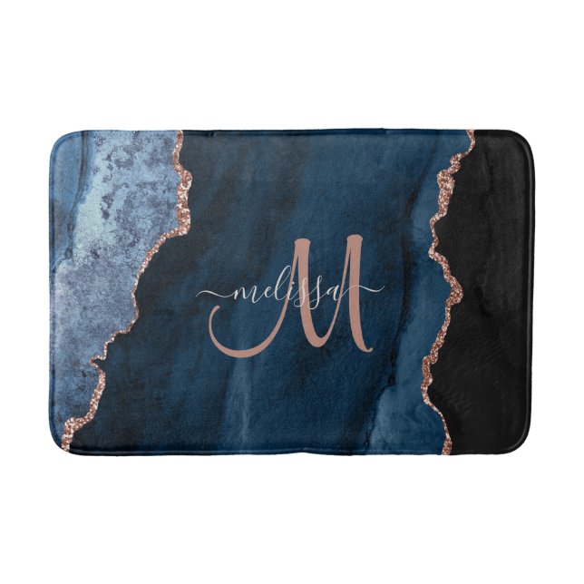 Chic Blue Rose Gold Glitter Agate Custom Monogram Bath Mat (Front)