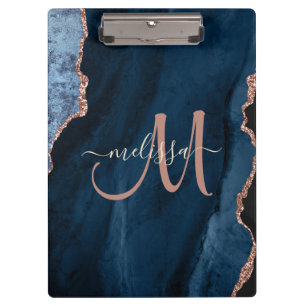 Chic Blue Rose Gold Glitter Agate Custom Monogram Clipboard