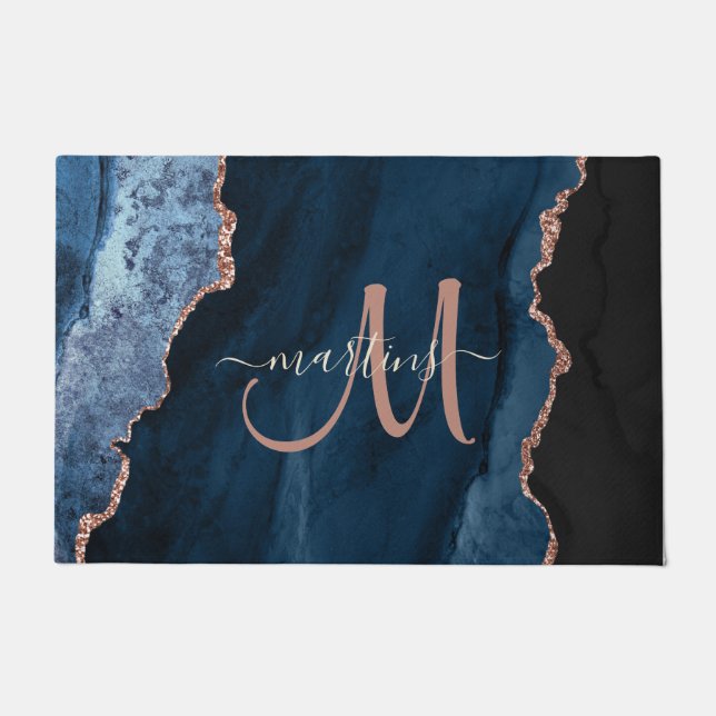 Chic Blue Rose Gold Glitter Agate Custom Monogram Doormat (Front)