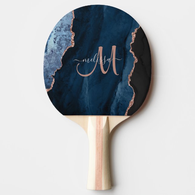 Chic Blue Rose Gold Glitter Agate Custom Monogram Ping Pong Paddle (Front)