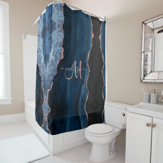 Chic Blue Rose Gold Glitter Agate Custom Monogram Shower Curtain (In Situ)