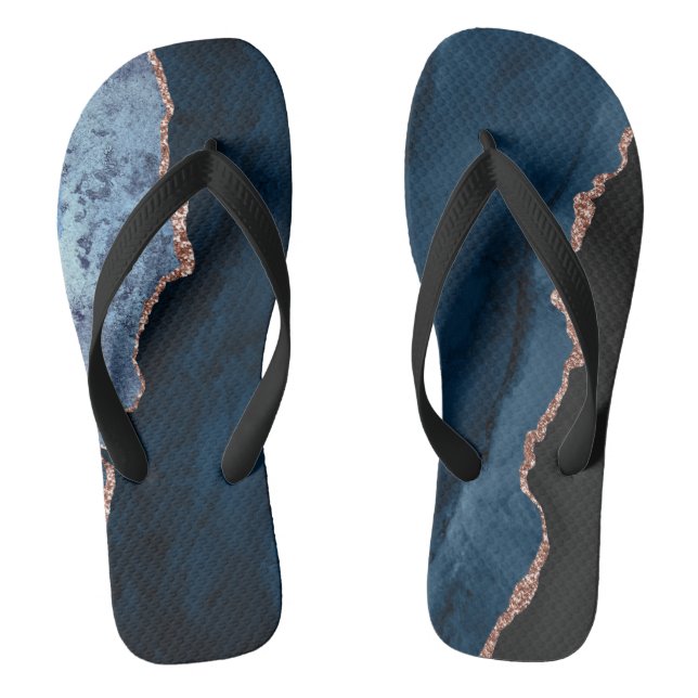 Chic Blue Rose Gold Glitter Agate Custom Monogram Thongs (Footbed)