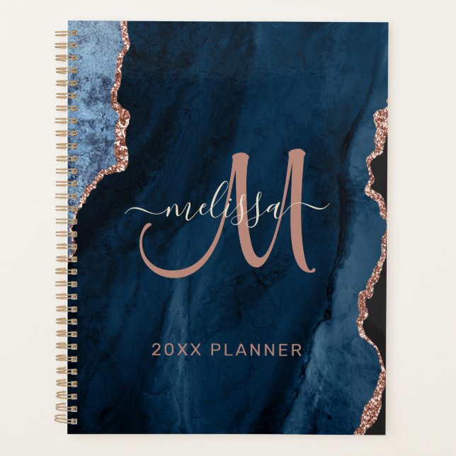 Chic Blue Rose Gold Glitter Agate Monogram 2024 Planner (Front)
