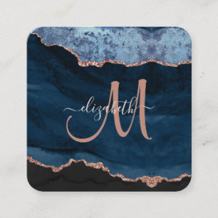 Chic Blue Rose Gold Glitter Agate Script Monogram Square Business Card