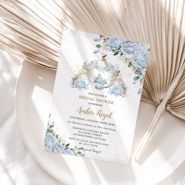 Chic Blue Roses Princess Carriage Bridal Shower Invitation (Creator Uploaded)