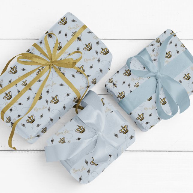 Chic Blue Royal Gold Crown Queen Bee  Wrapping Paper (Elegant Blue Queen Bee Pattern. Queen Bee, Gold Crown & Buzzing Bees Drawing. Queen Bee Typography)