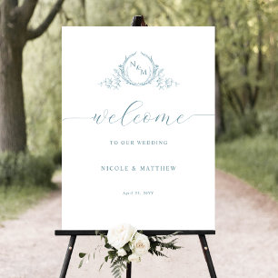 Chic Blue Sea Glass Monogram Wedding Welcome Sign