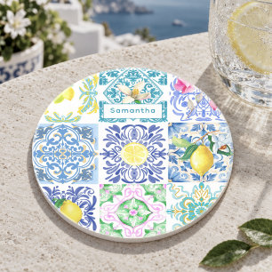 Chic Blue Sicilian Amalfi Majolica Tile Art Coaster