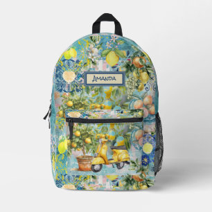 Chic blue sicilian citrus collage floral tiles printed backpack