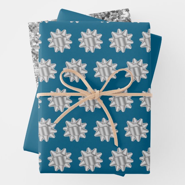Chic Blue Silver Bows Glitter Christmas Wrapping Paper Sheet (In situ)