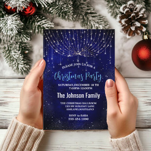 Chic blue silver faux glitter Christmas lights  Invitation