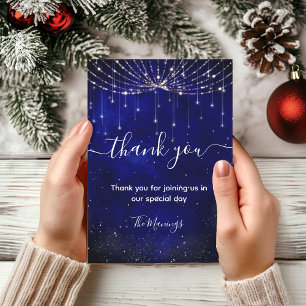 Chic blue silver faux glitter lights thank you card