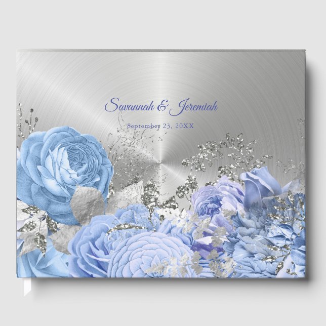 Chic Blue Silver Floral Customisable Wedding Guest Book (Front)