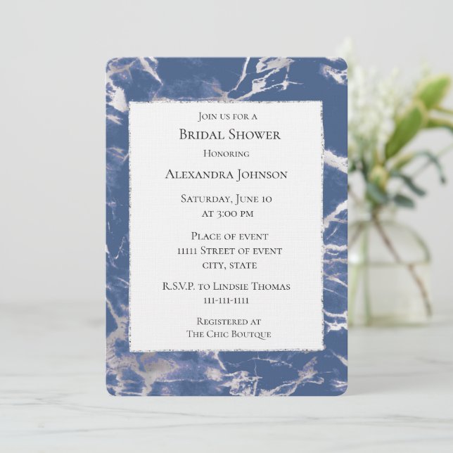 Chic Blue Silver Marble Bridal Shower Invitation (Standing Front)