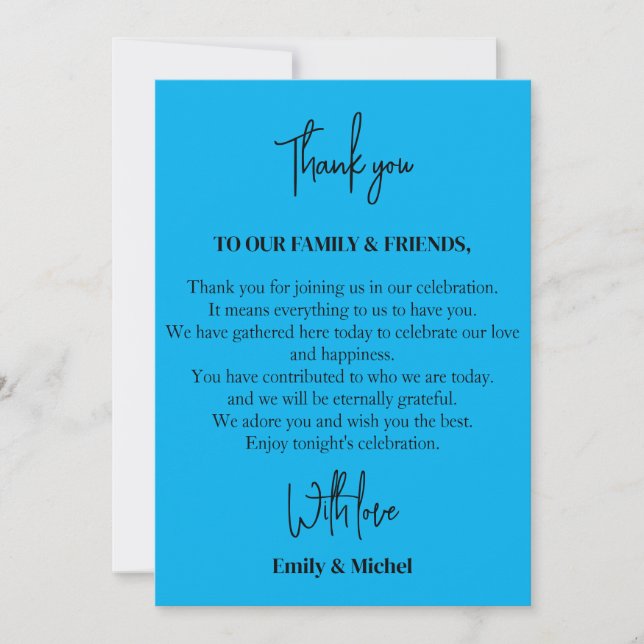 Chic Blue sky Sienna Wedding Reception Table  Thank You Card (Front)