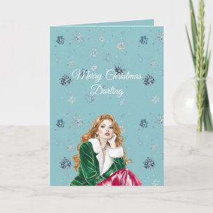 Chic Blue Snowflakes Red Head Female Card