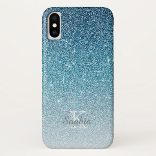 Chic Blue Sparkle Glitter Monogram Name iPhone X Case