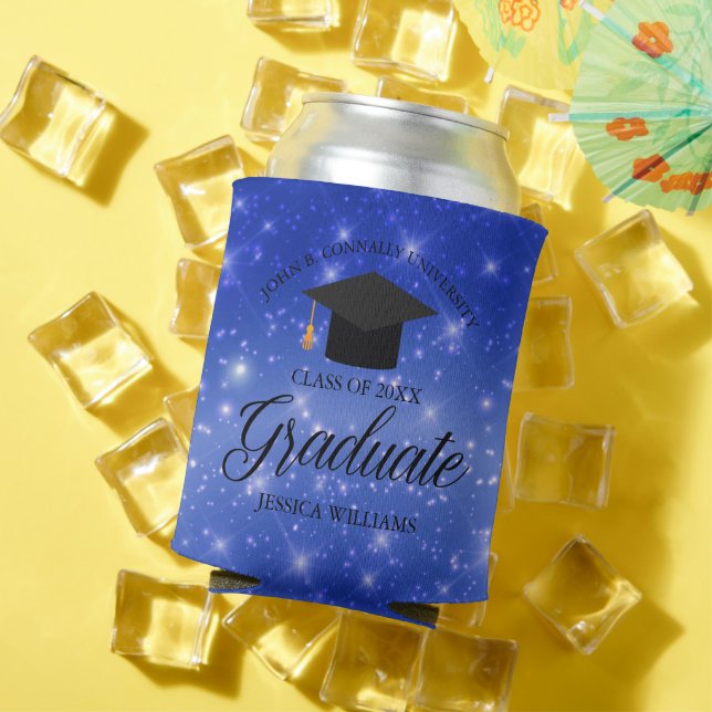 Chic Blue Sparkle Graduate Custom Graduation Party Can Cooler (In Situ Summer)