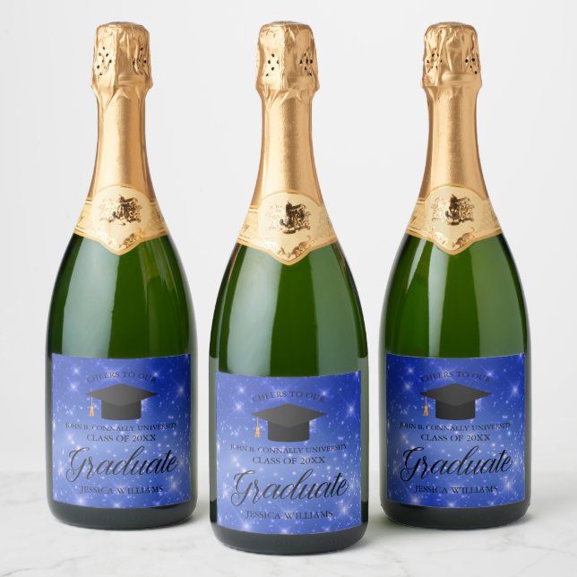 Chic Blue Sparkle Graduate Custom Graduation Party Sparkling Wine Label (Bottles)