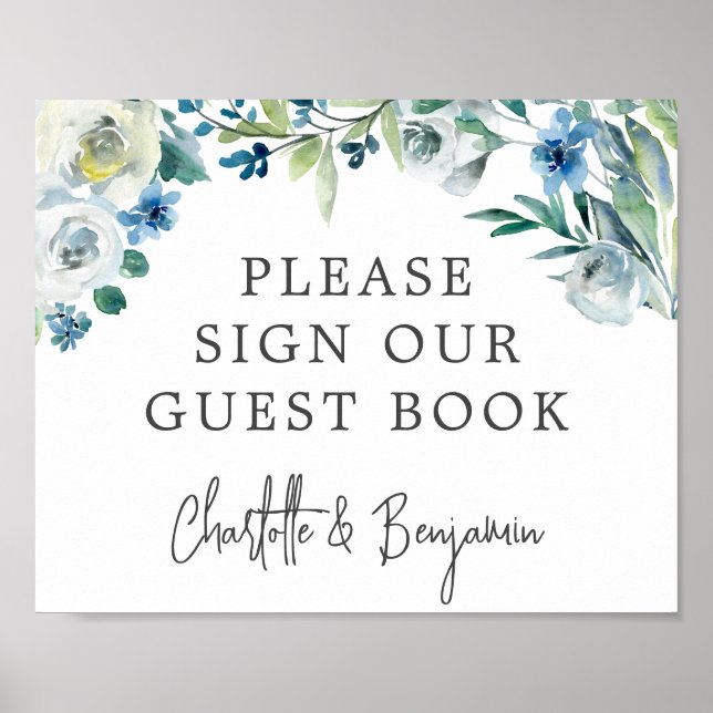 Chic Blue Spring Floral Please Sign Our Guest Book (Front)