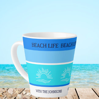 Chic Blue Stripes Family Name Beach House  Latte Mug