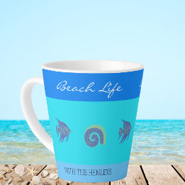 Chic Blue Stripes Fish Family Name Beach House Latte Mug