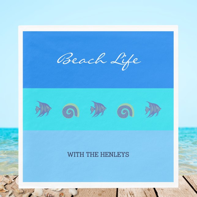 Chic Blue Stripes Fish Shell Family Beach House Napkin (Creator Uploaded)