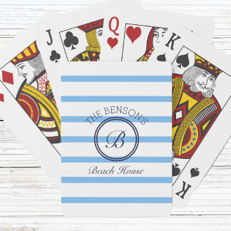 Chic Blue Stripes Monogram and Family Name Beach Playing Cards