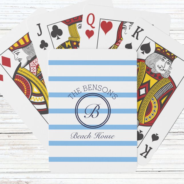 Chic Blue Stripes Monogram and Family Name Beach Playing Cards (Creator Uploaded)