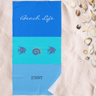 Chic Blue Stripes Name Shell and Fish Beach Towel