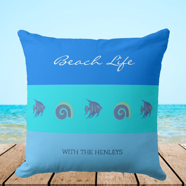 Chic Blue Stripes Shells Fish Family Beach House Cushion (Creator Uploaded)